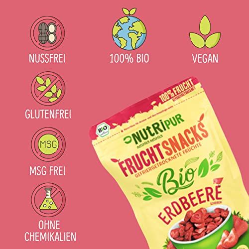 Nahaufnahme der Verpackung mit gefriergetrockneten Erdbeeren. Logos: Nussfrei, 100% Bio, Vegan, Glutenfrei, MSG-frei, Ohne Chemikalien.