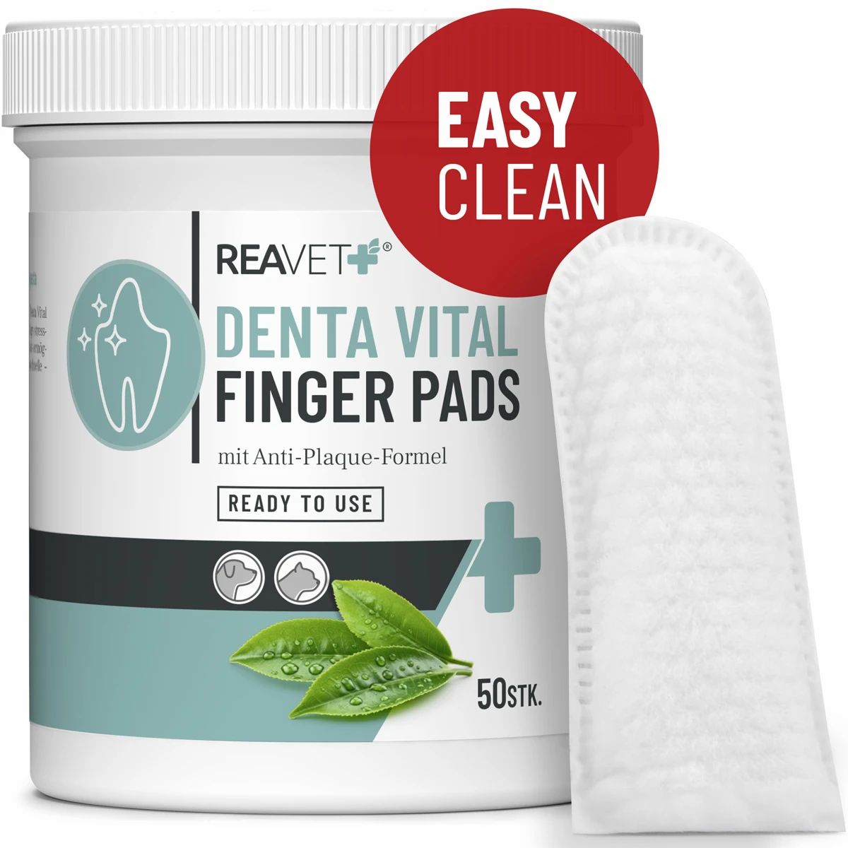 Weiße Dose mit ReaVET Denta Vital Finger Pads. Roter Aufkleber: Easy Clean. Ein Fingerpad liegt daneben. 50 Stk.