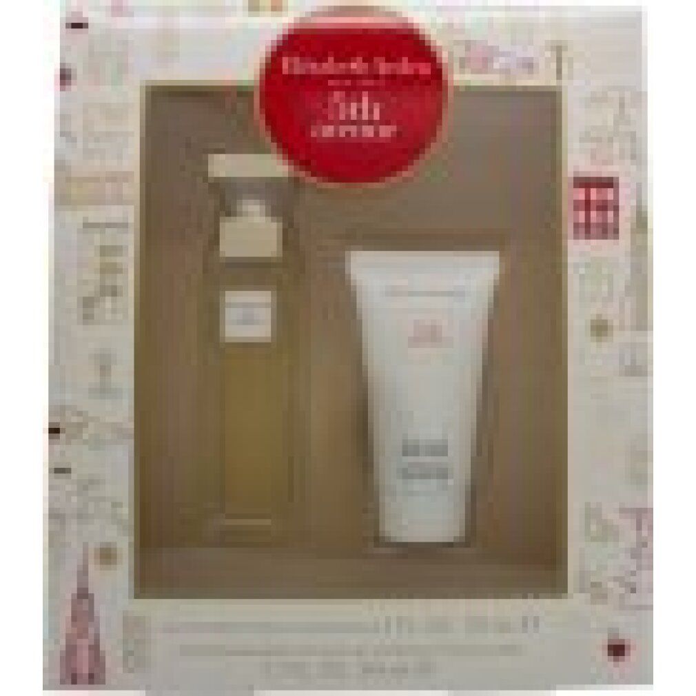 Geschenkset mit Parfümflakon und Körperlotion. Verpackung mit rotem Kreis und Produktnamen.