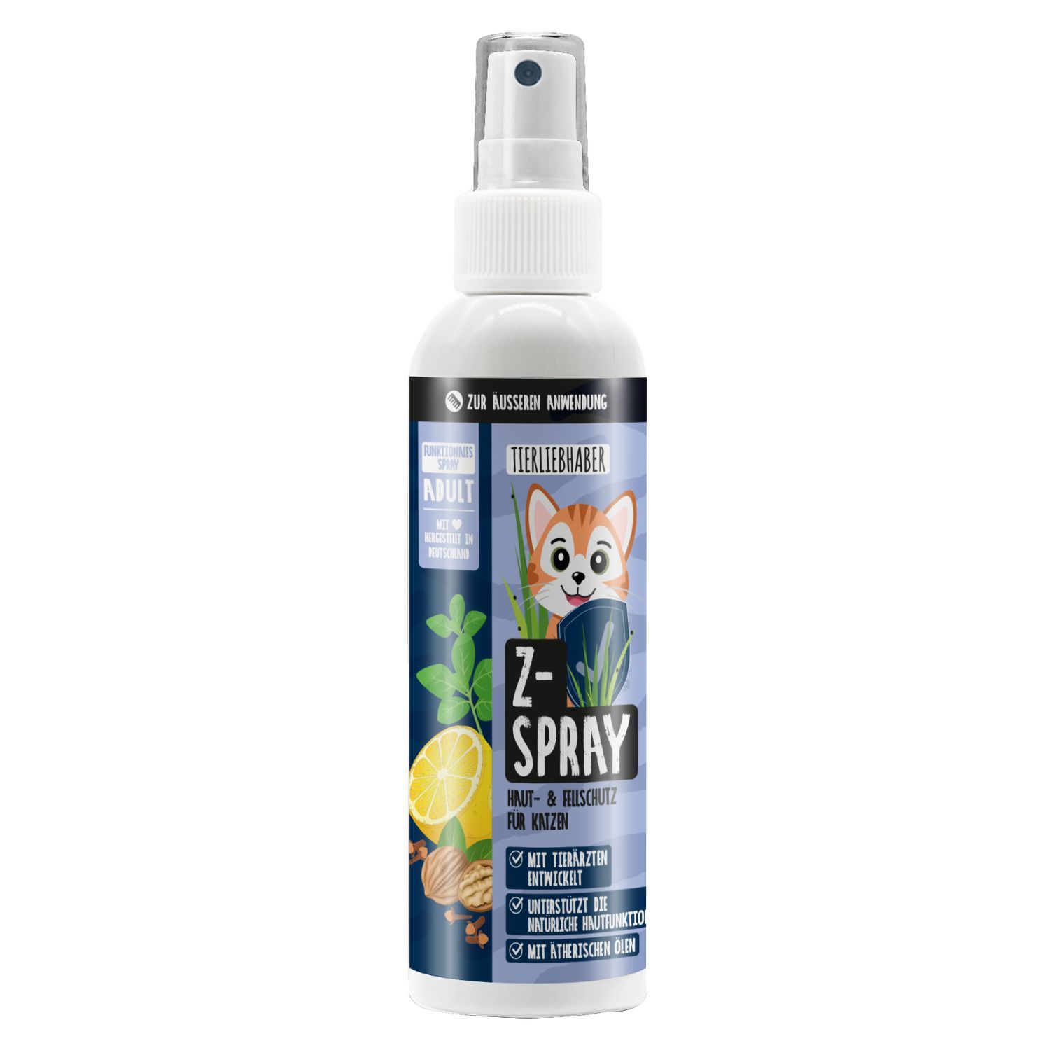 Tierliebhaber Z-Spray Katze: Sprühflasche mit Zitrone, Kräutern und Nüssen.