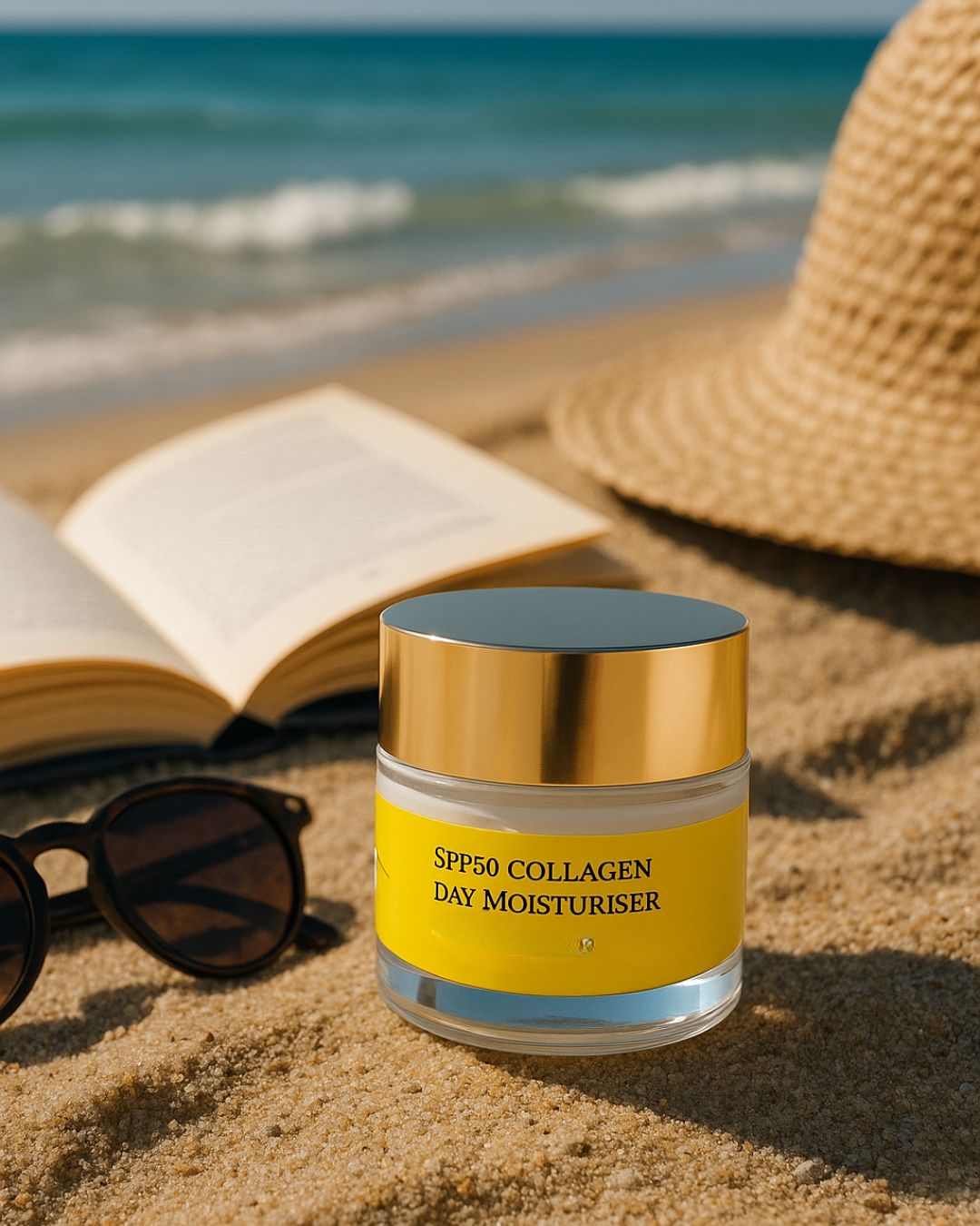 Creme-Glas mit gelbem Etikett am Strand. Sonnenbrille, Buch und Hut im Hintergrund. Goldfarbener Deckel.