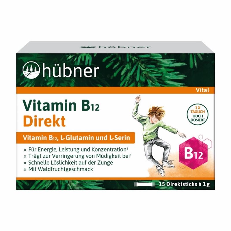 Schachtel Anton Hübner Vitamin B12 Direkt Bio. Aufschrift: Vitamin B12 Direkt, 15 Direktsticks à 1g. Mit Waldfruchtgeschmack.