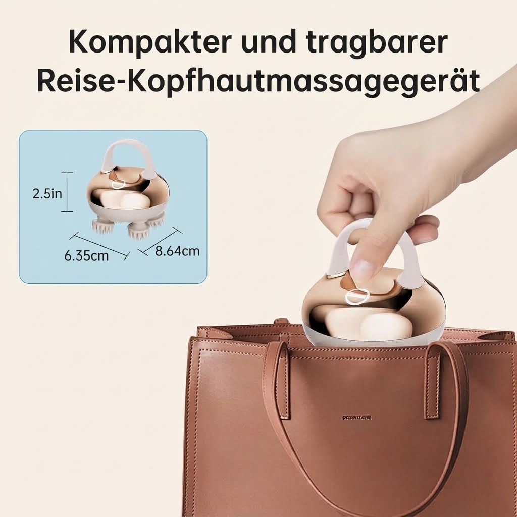 Kompaktes, tragbares Massagegerät für die Kopfhaut, das in eine Handtasche passt, mit Abmessungen.
