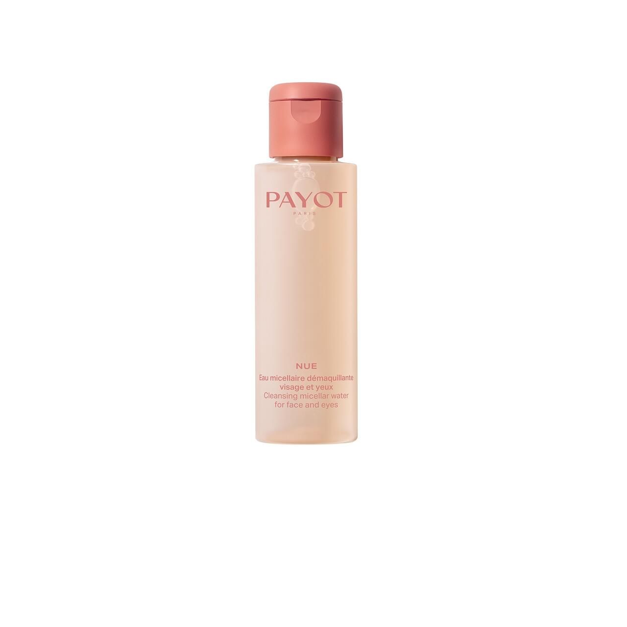 Zylindrische Flasche mit rosa Verschluss. Aufschrift PAYOT, NUE, Eau micellaire démaquillante, visage et yeux, Cleansing micellar water for face and eyes.
