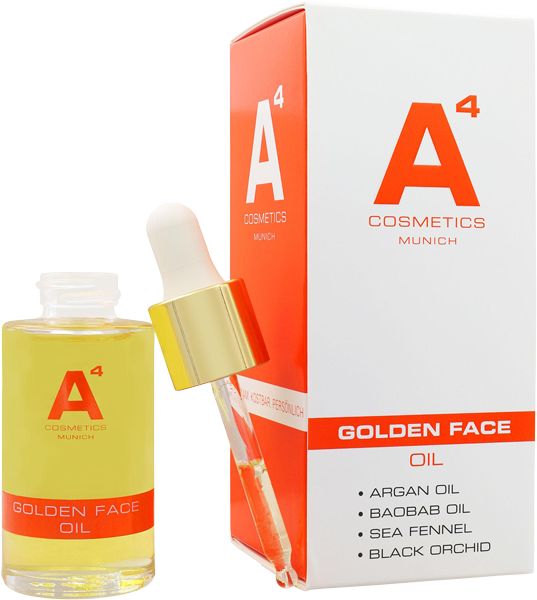 Flasche und Verpackung von A4 Cosmetics Golden Face Oil. Flasche mit Pipette. Verpackung mit Inhaltsstoffen: Arganöl, Baobaböl, Fenchel, Schwarze Orchidee.