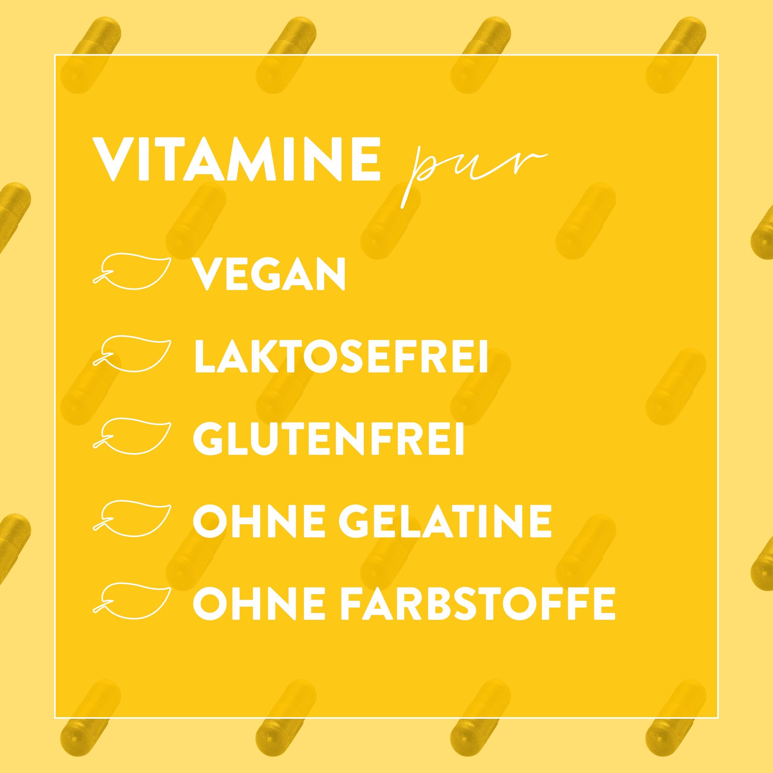 Gelber Hintergrund mit Kapseln. Text: Vegan, laktosefrei, glutenfrei, ohne Gelatine, ohne Farbstoffe.