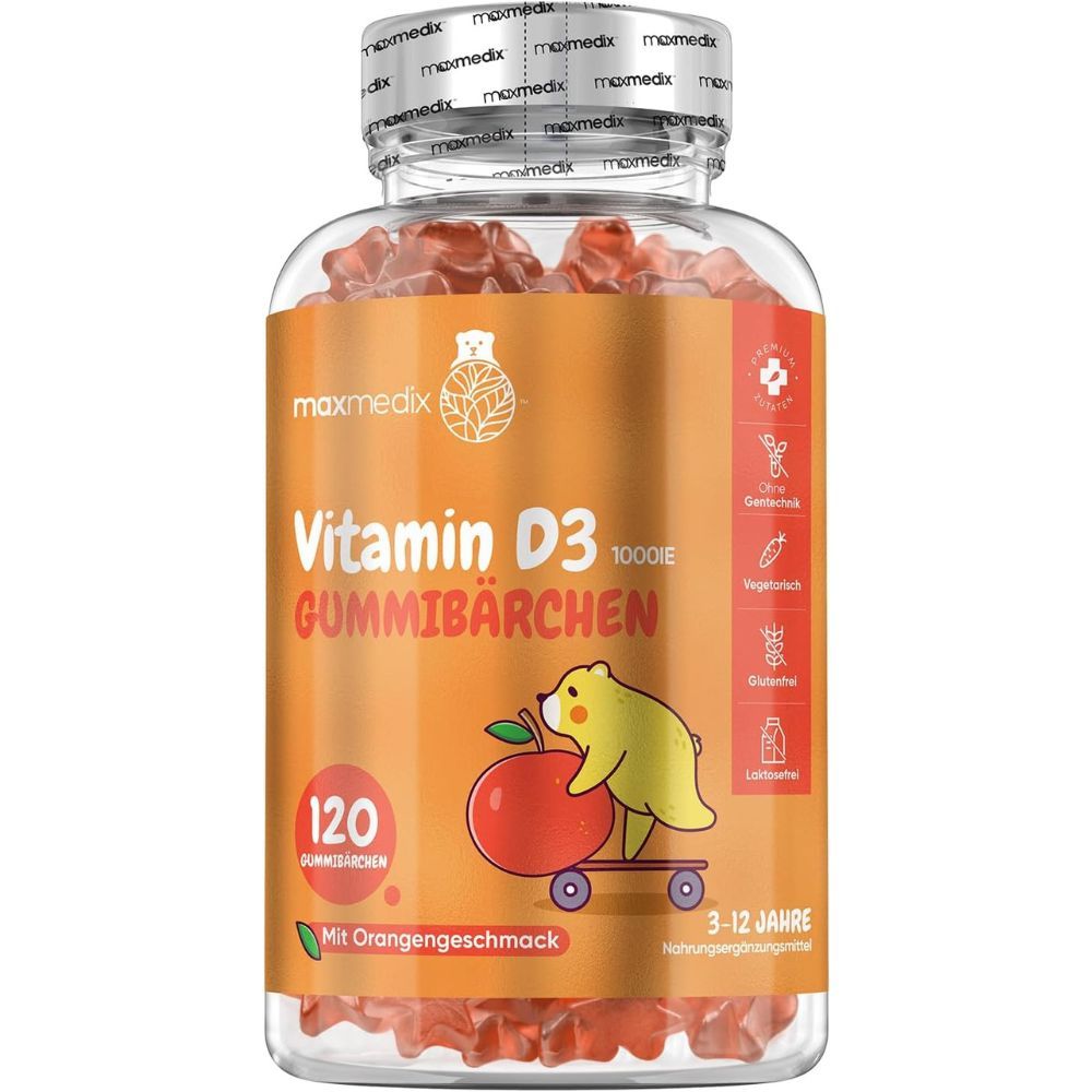 Vitamin D3 Gummibärchen, 120 Stück, mit Orangengeschmack. Aufdruck: maxmedix, 1000 IE, 3-12 Jahre.