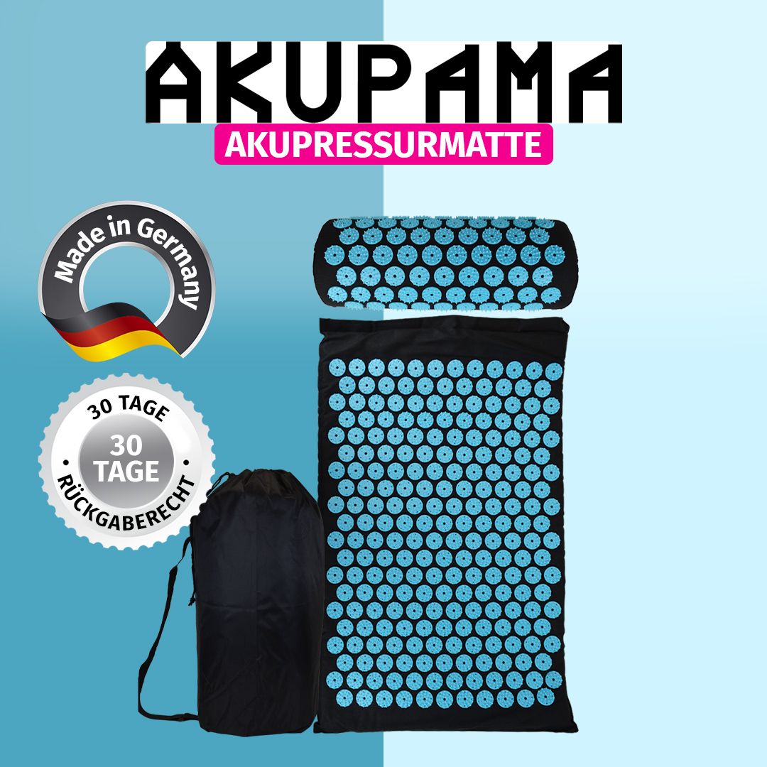 Akupressurmatte, Kissen und Tasche. Schwarze Matte mit blauen Noppen. Schwarzes Kissen mit blauen Noppen. Schwarze Tasche. Text: Akupama, 30 Tage Rückgaberecht.