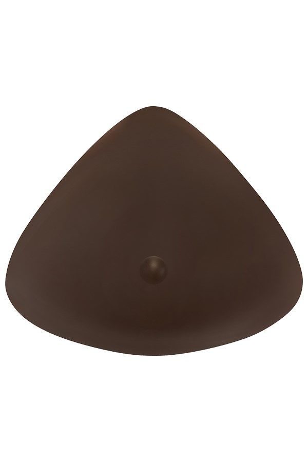 Braune Brustprothese in Tropfenform mit einer kleinen Erhebung. Die Form ist abgerundet und hat eine glatte Oberfläche.
