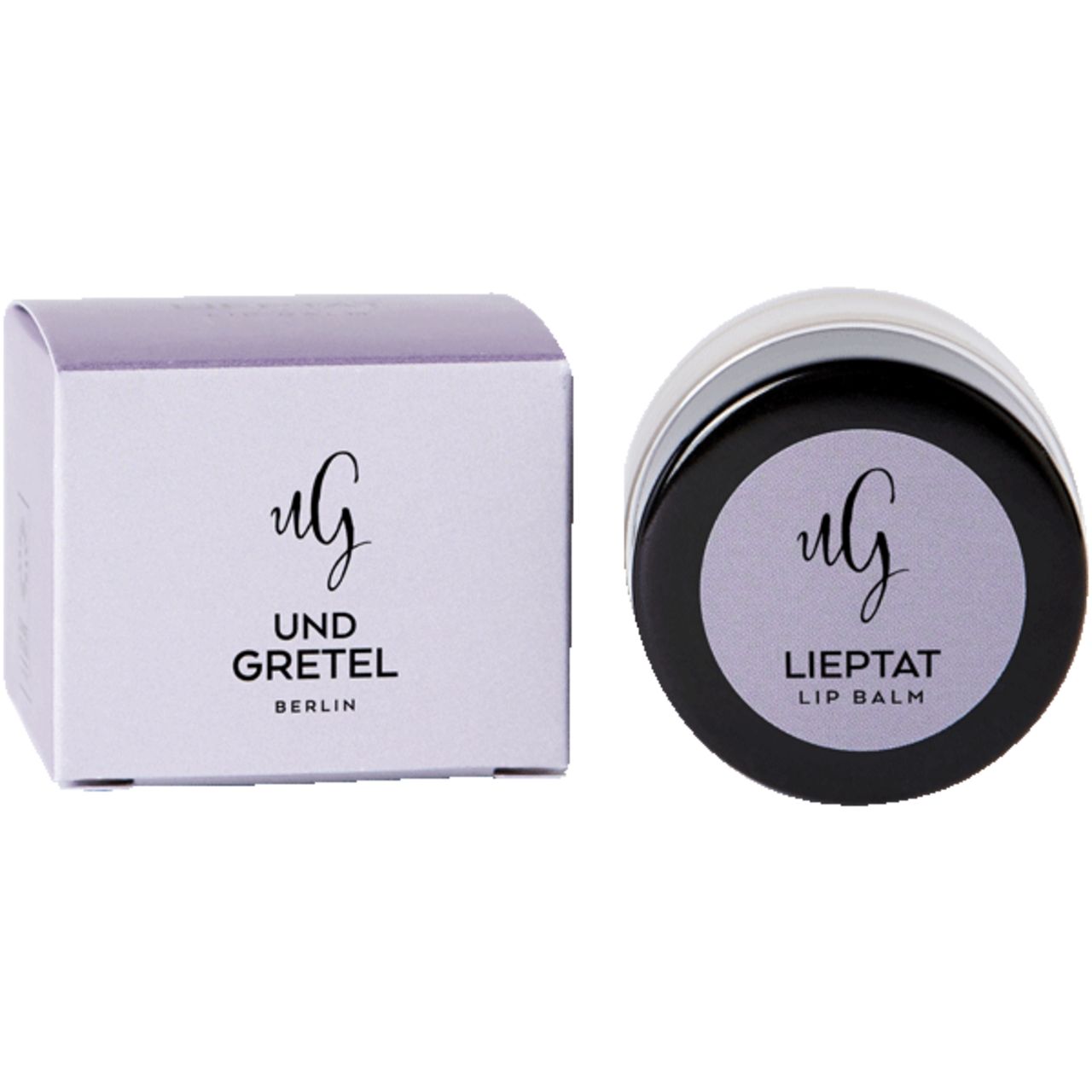 Lippenbalsam-Dose und Schachtel. Dose mit schwarzem Deckel, Aufschrift "LIEPTAT LIP BALM". Schachtel mit "UND GRETEL BERLIN".