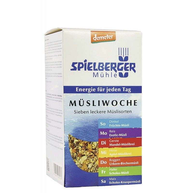 Verpackung von Spielberger Müsliwoche. Weißer Karton mit Logo, Produktname und Demeter-Siegel. Enthält sieben Müslisorten.