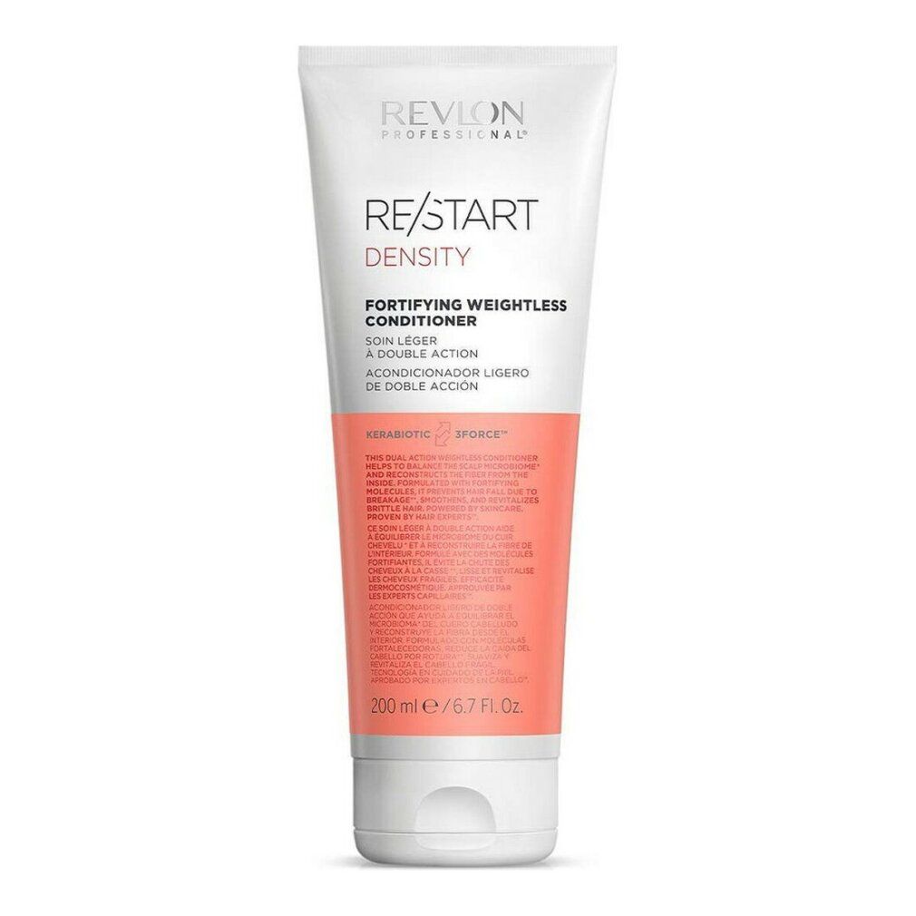 Weiße Tube mit rosa Akzent. Aufschrift: Revlon Professional, RE/START Density, Fortifying Weightless Conditioner. Text in mehreren Sprachen.