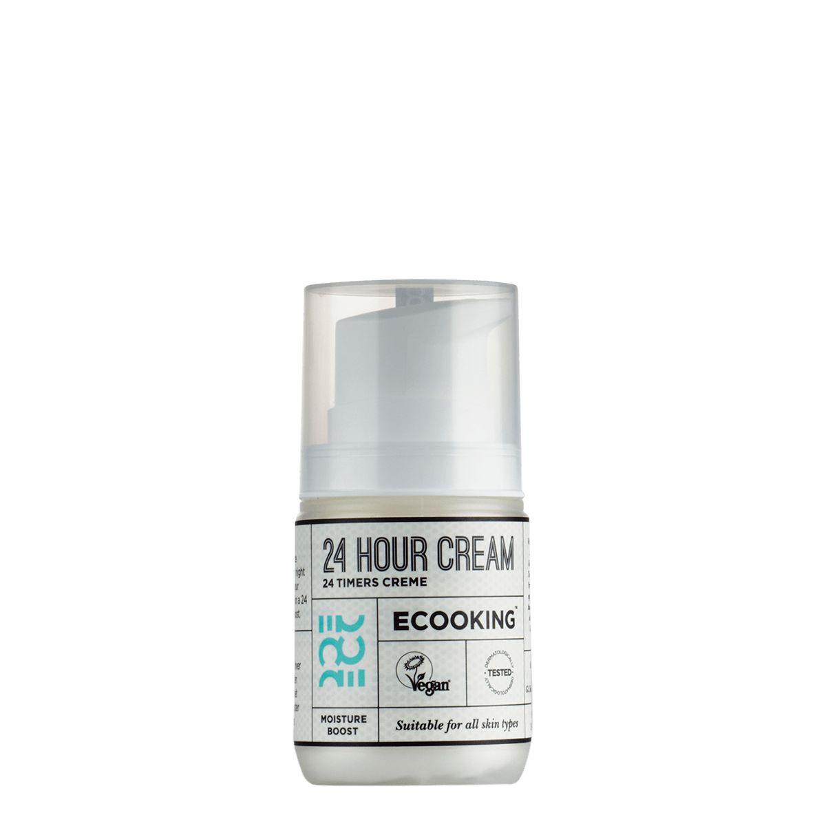 Creme-Spender mit weißem Pumpkopf. Aufschrift: 24 HOUR CREAM, Ecooking. Vegan-Siegel.