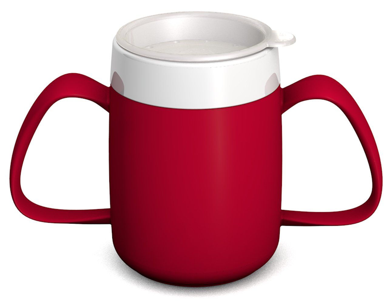 Becher mit zwei Henkeln, rot und weiß. Mit Trinkaufsatz und Deckel.