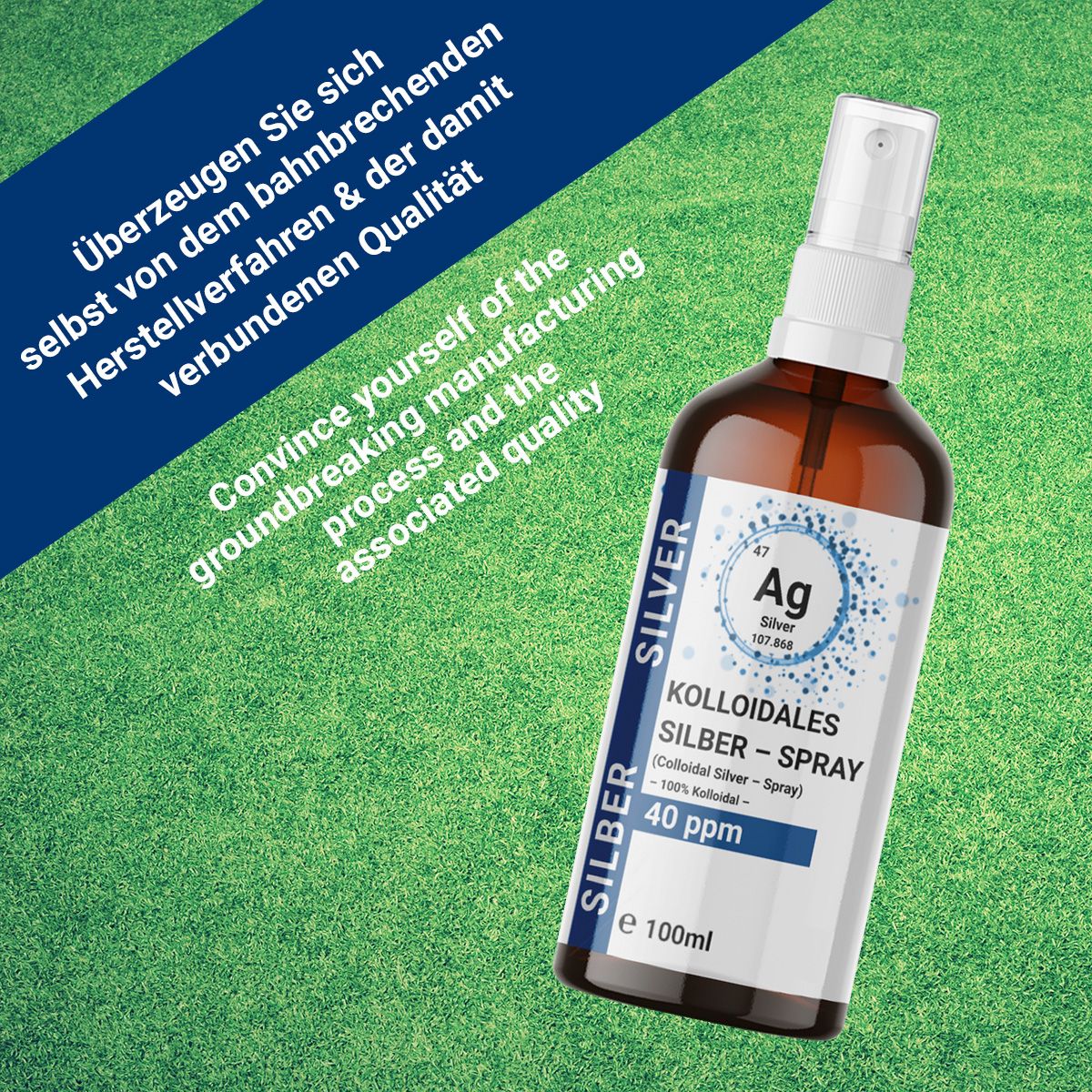 Braunglasflasche mit Sprühkopf. Etikett mit Produktinformationen: 40 ppm Kolloidales Silber Spray. Auf grünem Hintergrund.