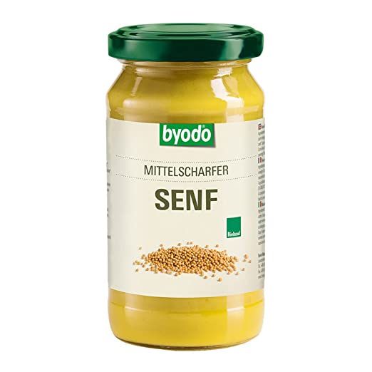 Byodo Mittelscharfer Senf im Glas mit grünem Deckel.
