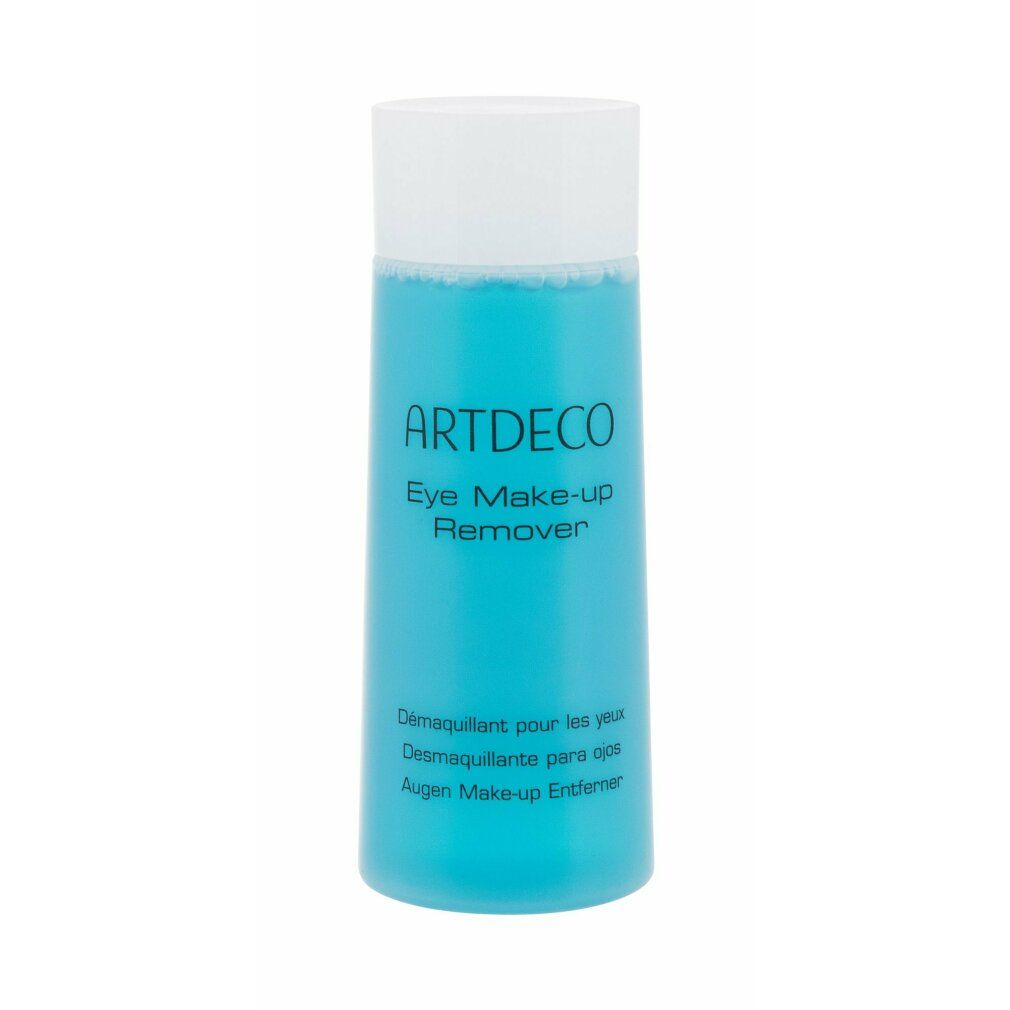 Zylindrische Flasche mit blauem Inhalt und weißem Deckel. Aufschrift: ARTDECO Eye Make-up Remover. Mehrsprachige Beschriftung.