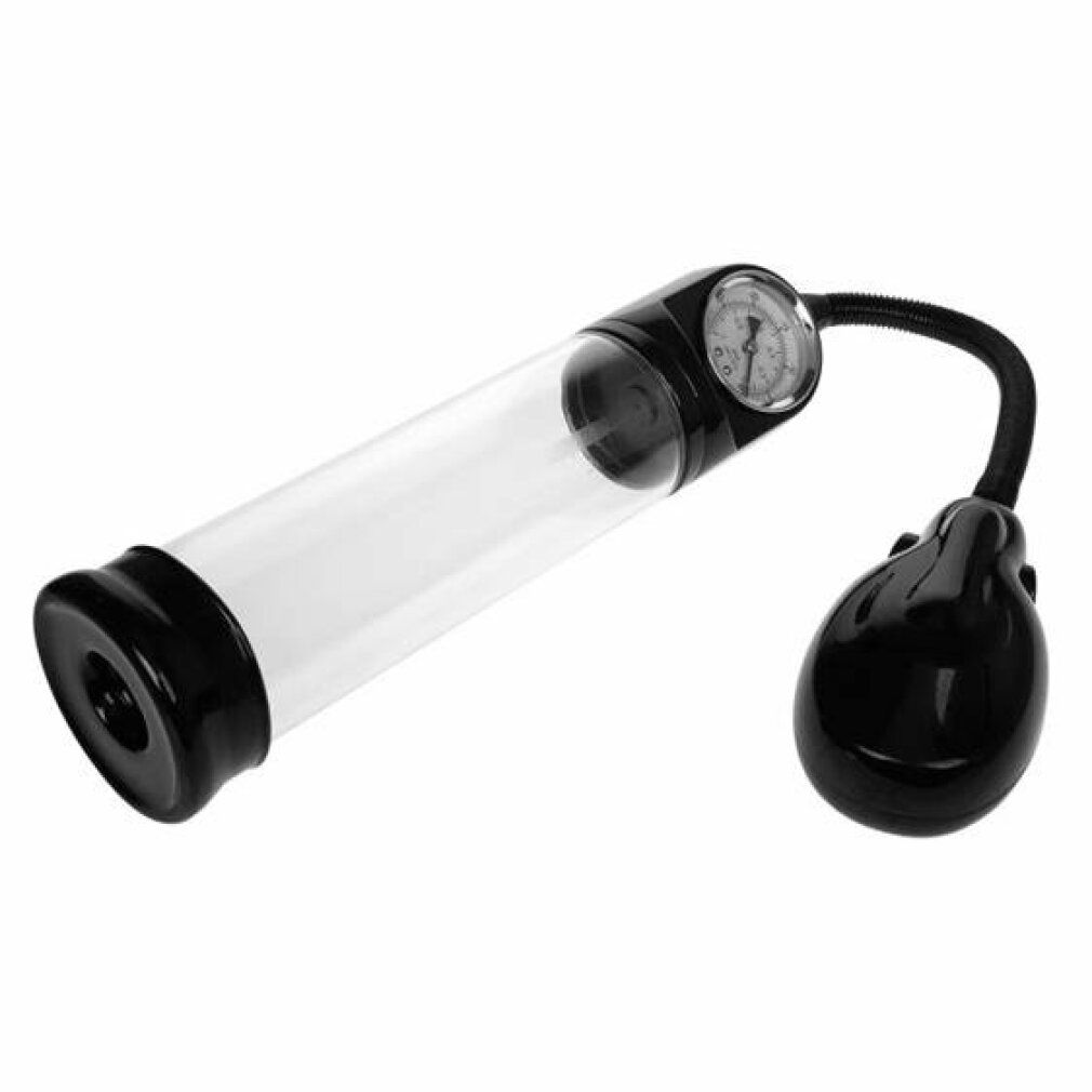 Penispumpe mit Zylinder, Manometer und Handpumpe, schräg von vorne.