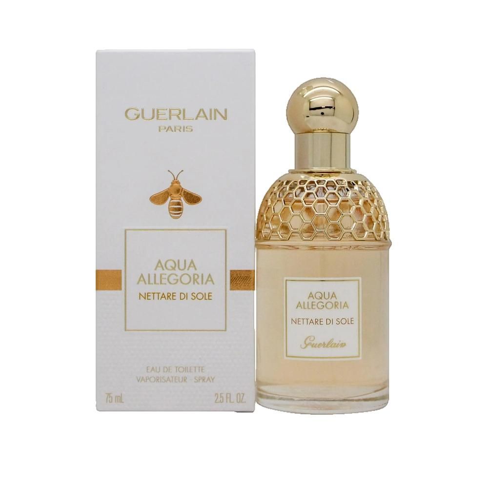 Parfümflasche und Verpackung. Flasche mit goldfarbenem Deckel und Wabenmuster. Aufschrift: Aqua Allegoria Nettare Di Sole, Guerlain.