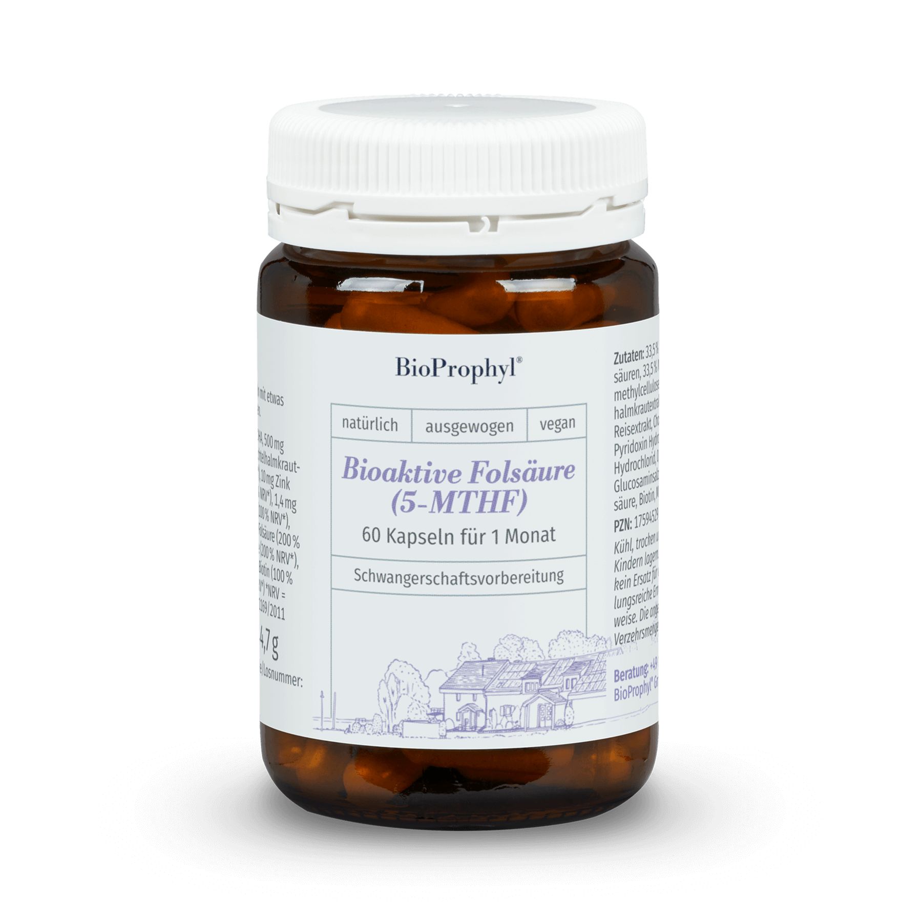 Braune Glasflasche mit weißem Deckel. Etikett mit Produktnamen Bioaktive Folsäure (5-MTHF) und Marke BioProphyl. 60 Kapseln.