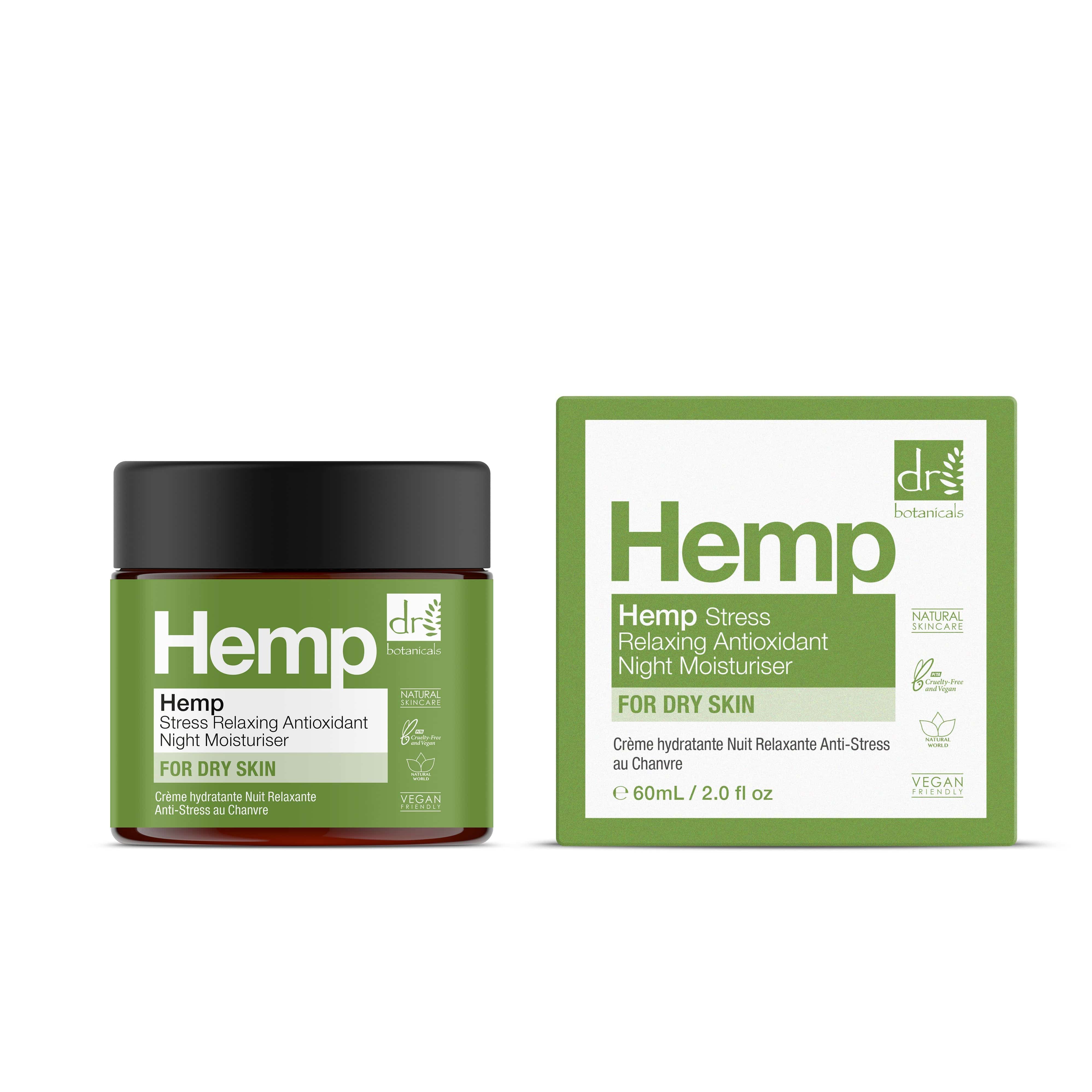 Grünes Glas mit schwarzem Deckel und Verpackung. Aufschrift: Hemp Stress Relaxing Antioxidant Night Moisturiser. Vegan.