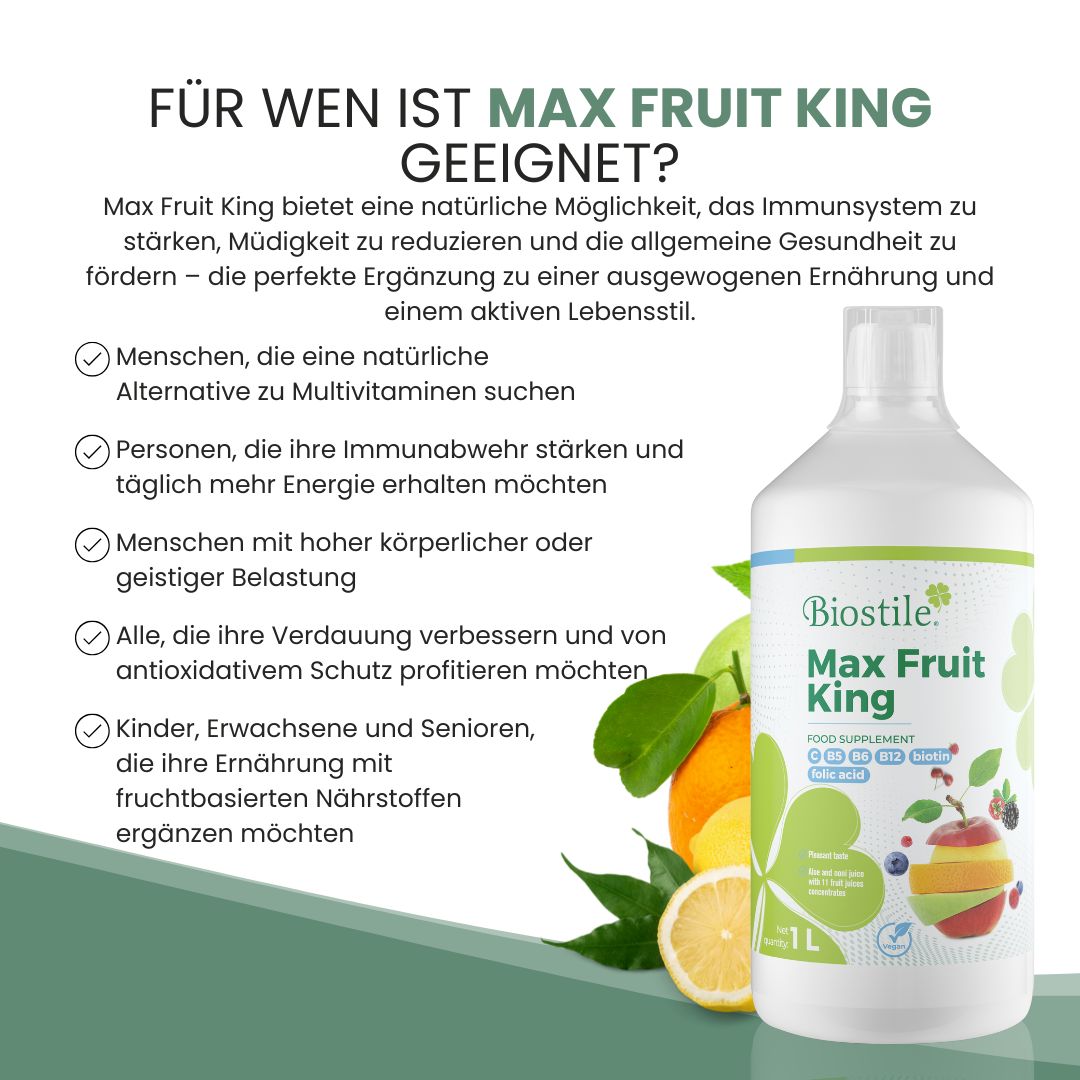 Flasche Biostile Max Fruit King. Text: Für wen ist Max Fruit King geeignet? Aufzählung von Zielgruppen.