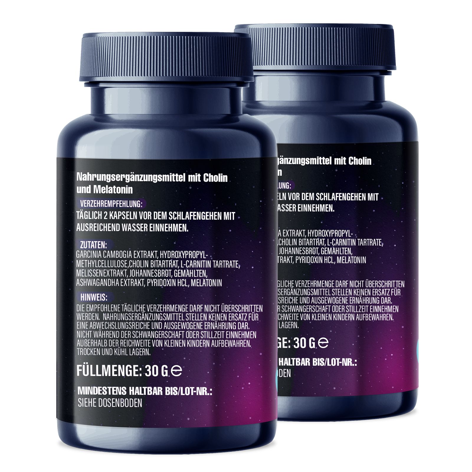 Zwei Flaschen mit Produktinformationen. Text: Nahrungsergänzungsmittel mit Cholin und Melatonin. Dunkelblaue Flaschen mit weißer Schrift.