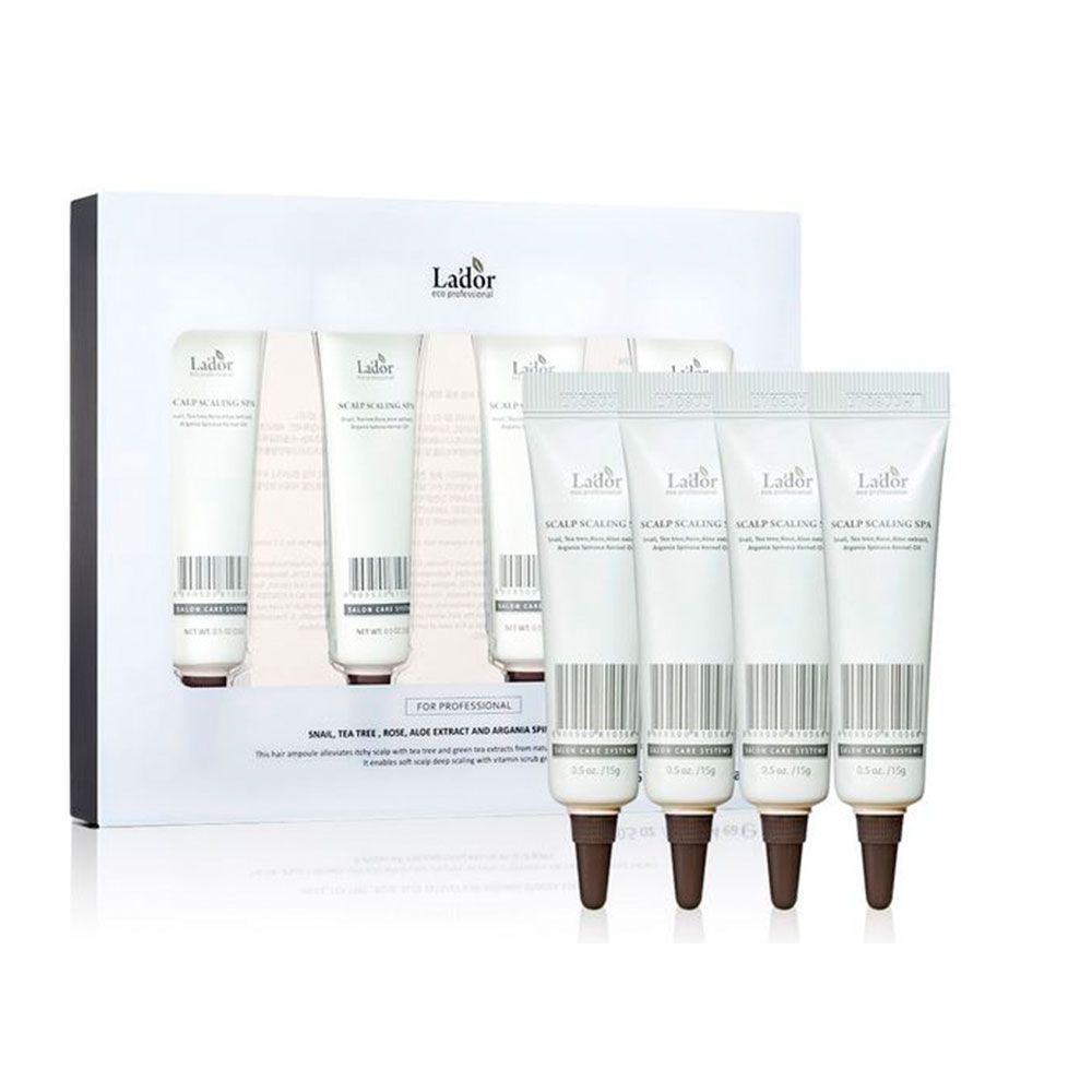 Lador Scalp Scaling Spa: Vier Tuben mit Applikatorspitzen in einer Verpackung.