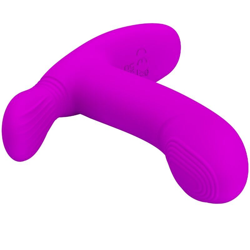 Lila Vibrator mit gebogener Form und zwei Enden.