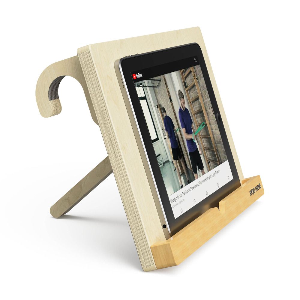 Tablet-Halterung aus Holz. Tablet mit Video. Helle Holzfarbe. Mit Halterung und Stütze. Für Sprossenwände.
