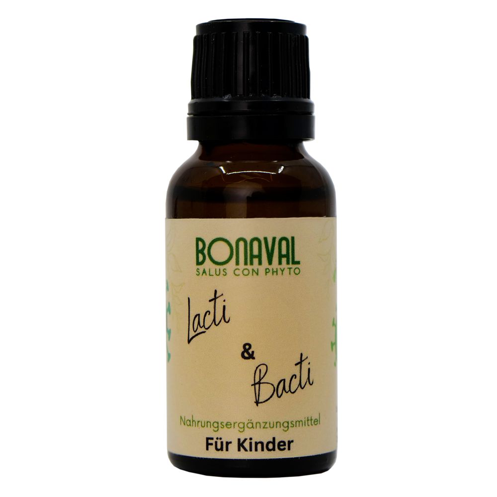 Braune Tropfenflasche mit Aufschrift BONAVAL Lacti & Bacti, Nahrungsergänzungsmittel für Kinder. Enthält 6 Kulturen.