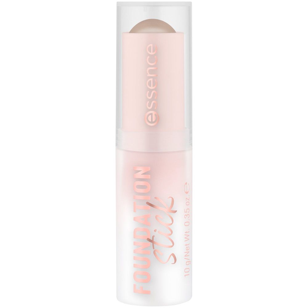 Foundation Stick von Essence. Rosa-weiße Verpackung mit Produktnamen und Markenlogo. Stick mit abgerundeter Spitze.