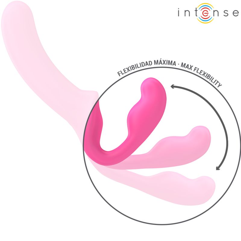 Rosa Doppelvibrator mit Flexibilitätsanzeige. Text: 'Flexibilidad máxima - Max Flexibility'. Vibrator in verschiedenen Positionen.