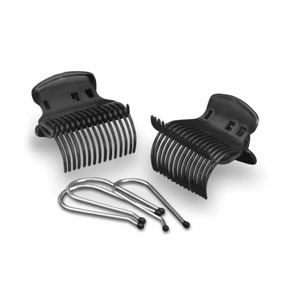 Zwei schwarze Haarclips und drei Metallklammern.