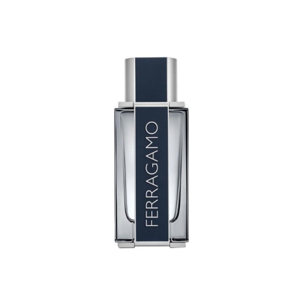 Ferragamo Pour Homme Eau de Toilette Flakon mit silbernem Verschluss und dunkelblauem Etikett.