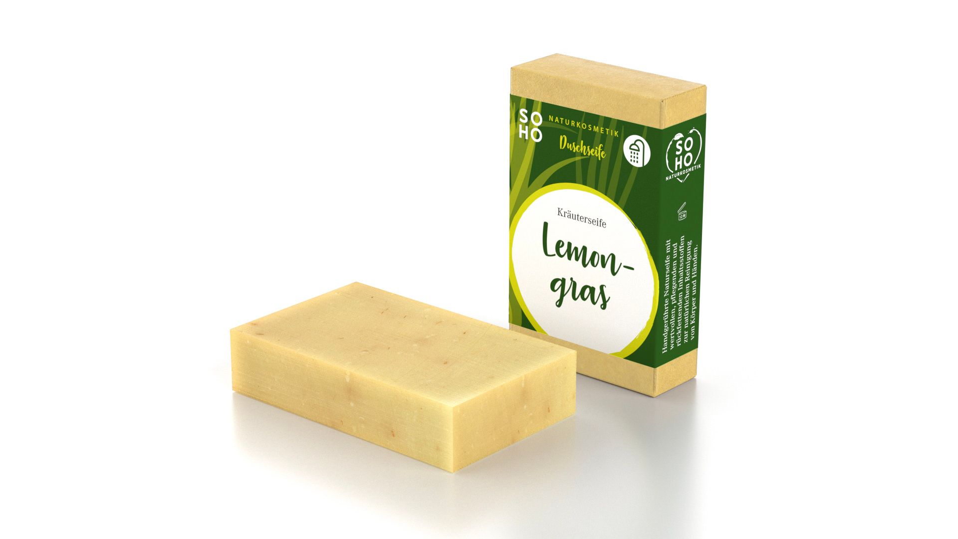 Kräuterseife Lemongras, rechteckig, neben Verpackung mit Logo und Schriftzug.