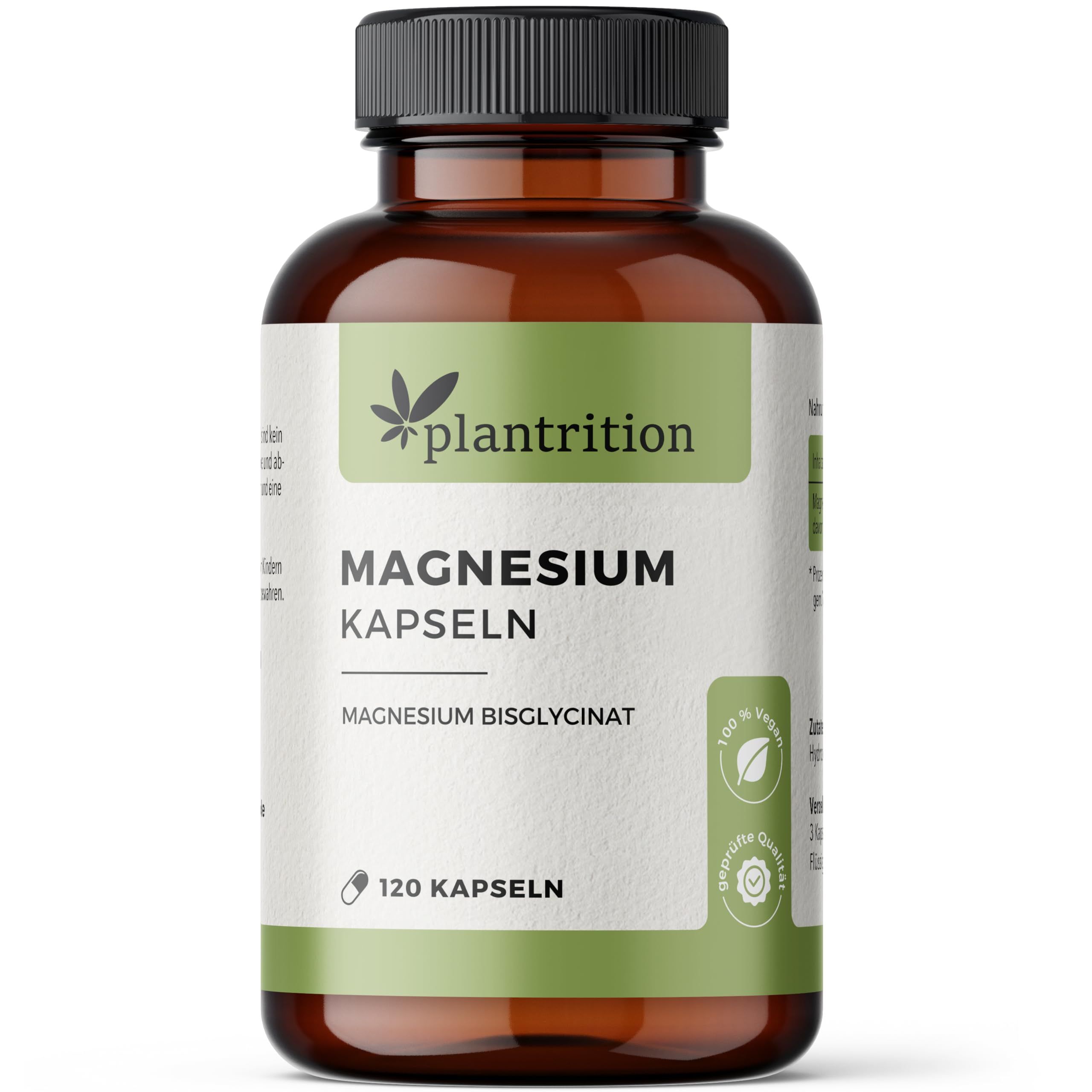 Braune Flasche Magnesium Kapseln. 120 Kapseln. Plantrition. Grünes Etikett. 100% vegan. Hochwertige Qualität.