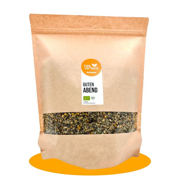 Beutel mit Kräutermischung. Sichtfenster. Aufdruck: Guten Abend, Bio-Siegel.