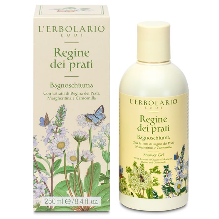 Gelbe Flasche und Schachtel. Aufschrift: L'Erbolario, Regine dei prati. Abbildung von Blumen und Schmetterlingen.
