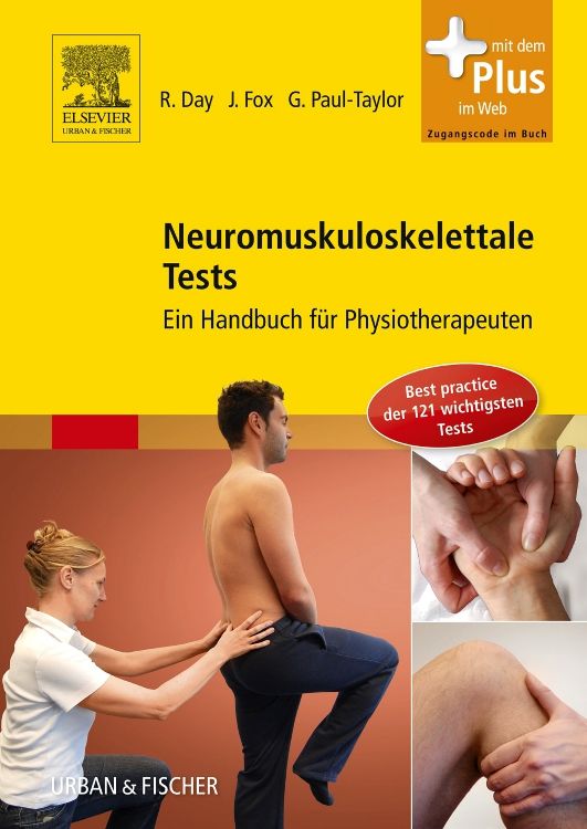 Buchcover: "Neuromuskuloskelettale Tests". Titel, Autoren, Verlag. Abbildungen von Tests. Gelber Hintergrund, Plus-Symbol.