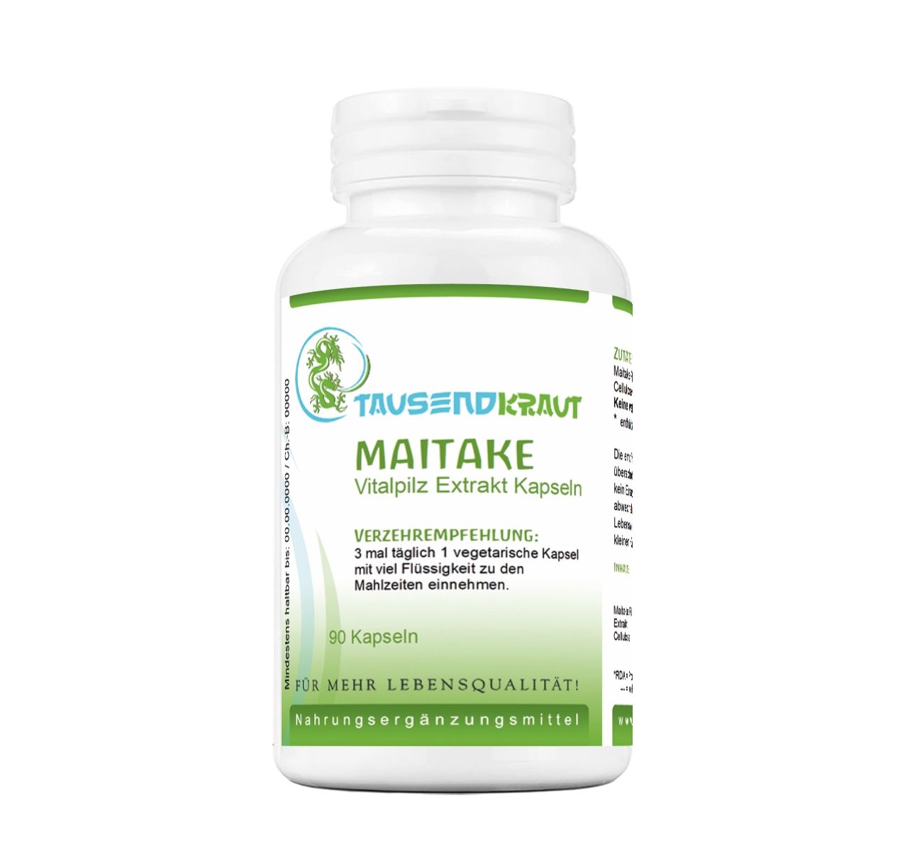 Weiße Flasche mit grünen Etiketten. Aufschrift: Maitake Vitalpilz Extrakt Kapseln. 90 Kapseln. Nahrungsergänzungsmittel.