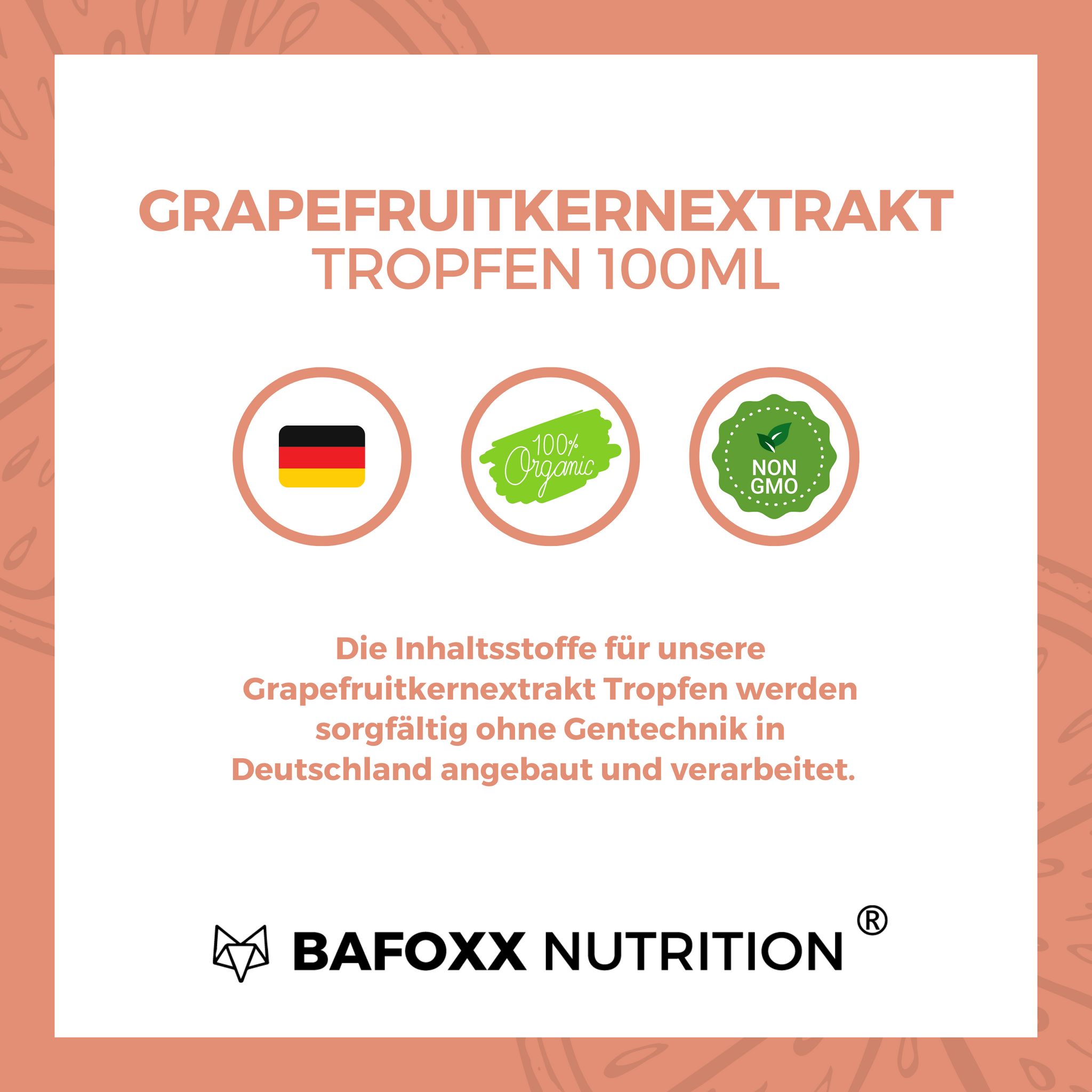 Textfeld mit Informationen. Grapefruitkernextrakt Tropfen 100ml. Logos: Deutschland, 100% Organic, Non GMO. Text über Inhaltsstoffe.
