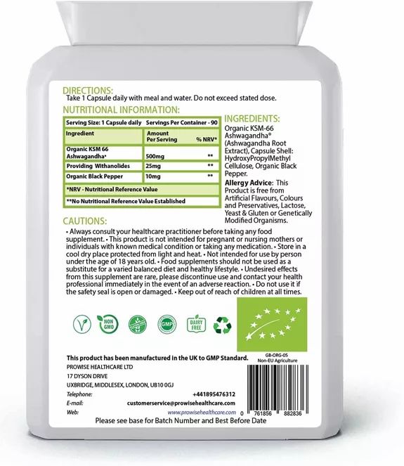 Weißes Nahrungsergänzungsmittel-Behälter mit Etikett. Enthält Informationen zu Inhaltsstoffen, Dosierung und Zertifizierungen. Text: Prowise Healthcare.