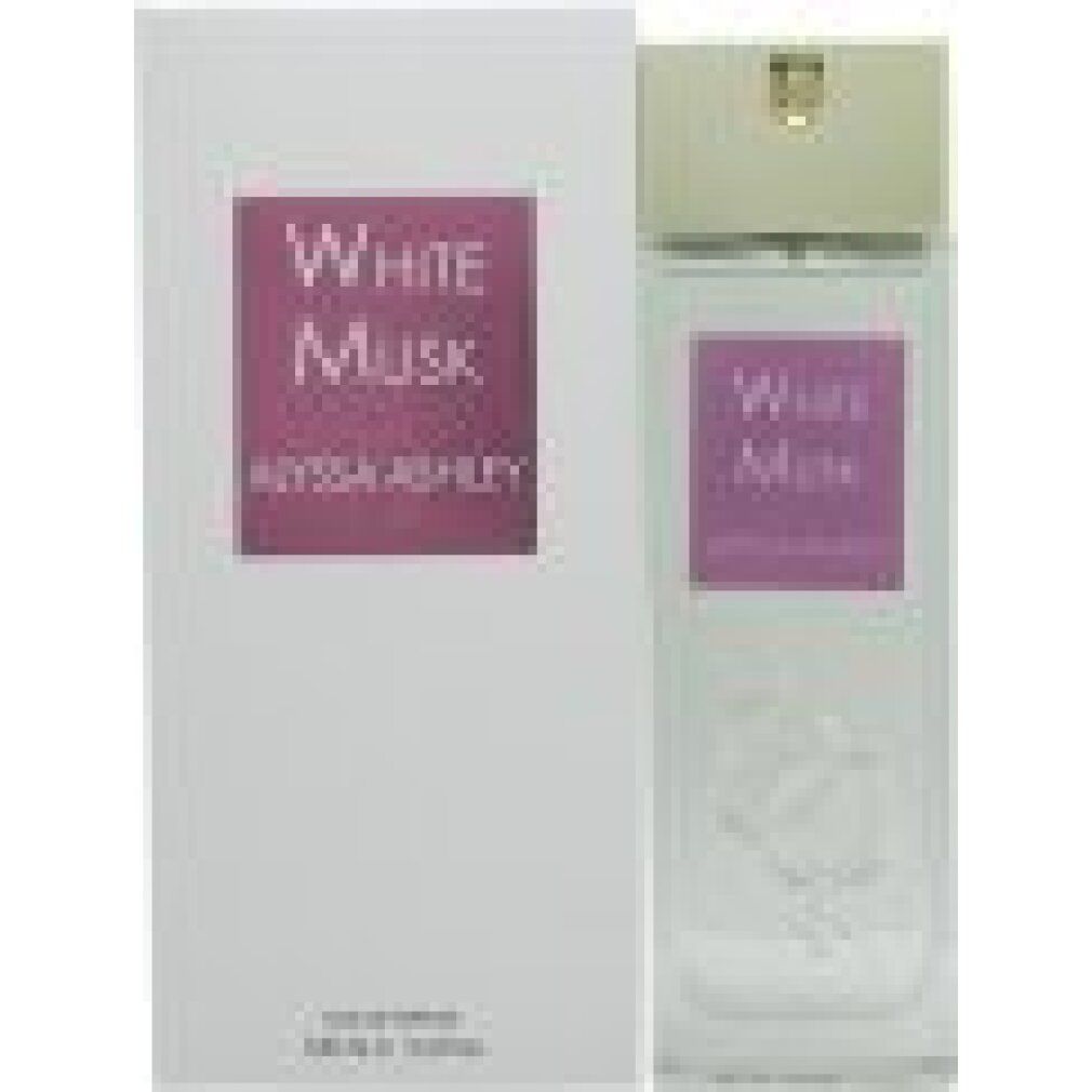 Alyssa Ashley White Musk Eau de Parfum Spray mit Verpackung. Rechteckige Flasche und Schachtel. Lila Etikett.
