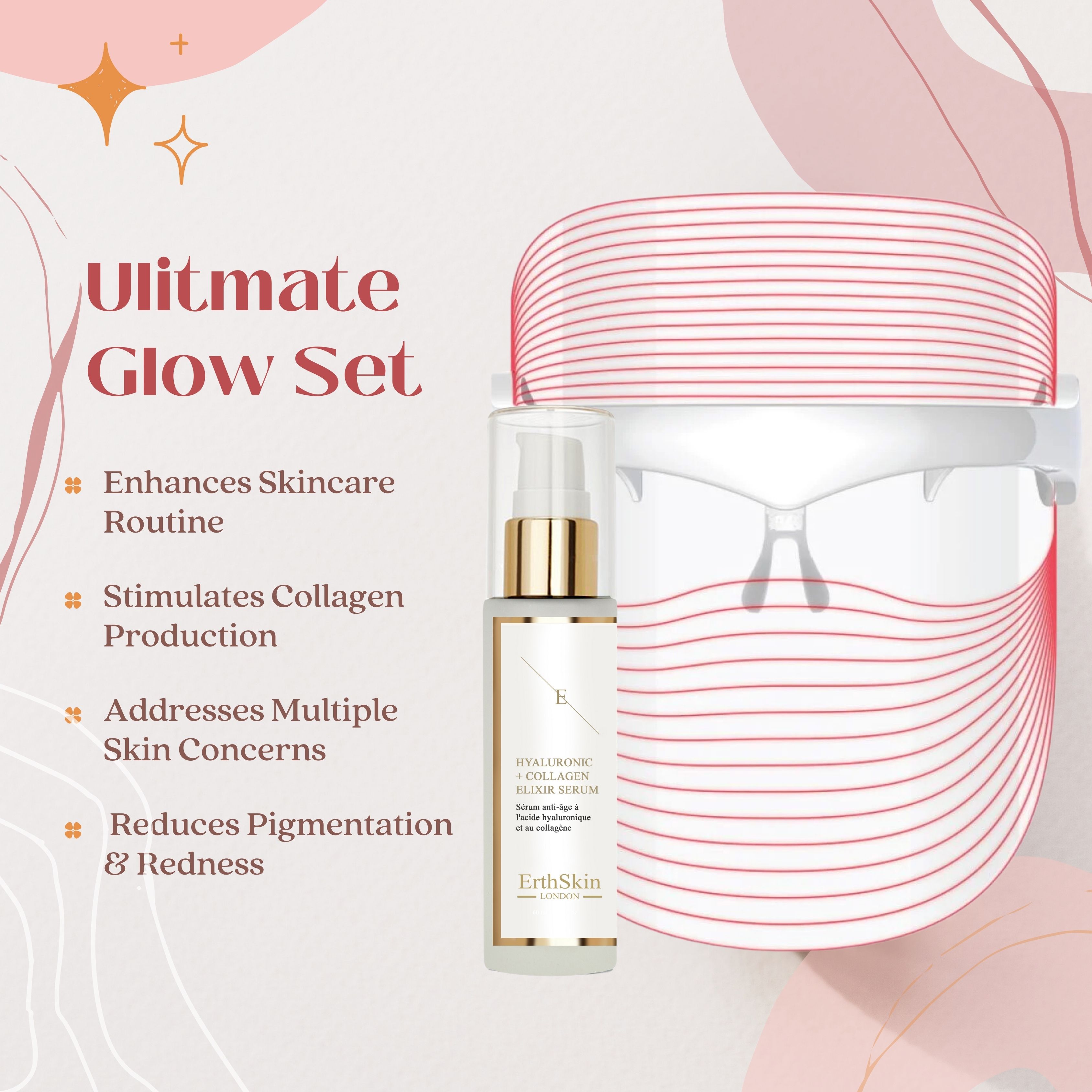 ErthSkin London Ultimates Glow-Set. LED-Maske und Serum. Text: Ultimates Glow Set. Vorteile: Hautpflege, Kollagenproduktion, Hautprobleme, Rötungen.