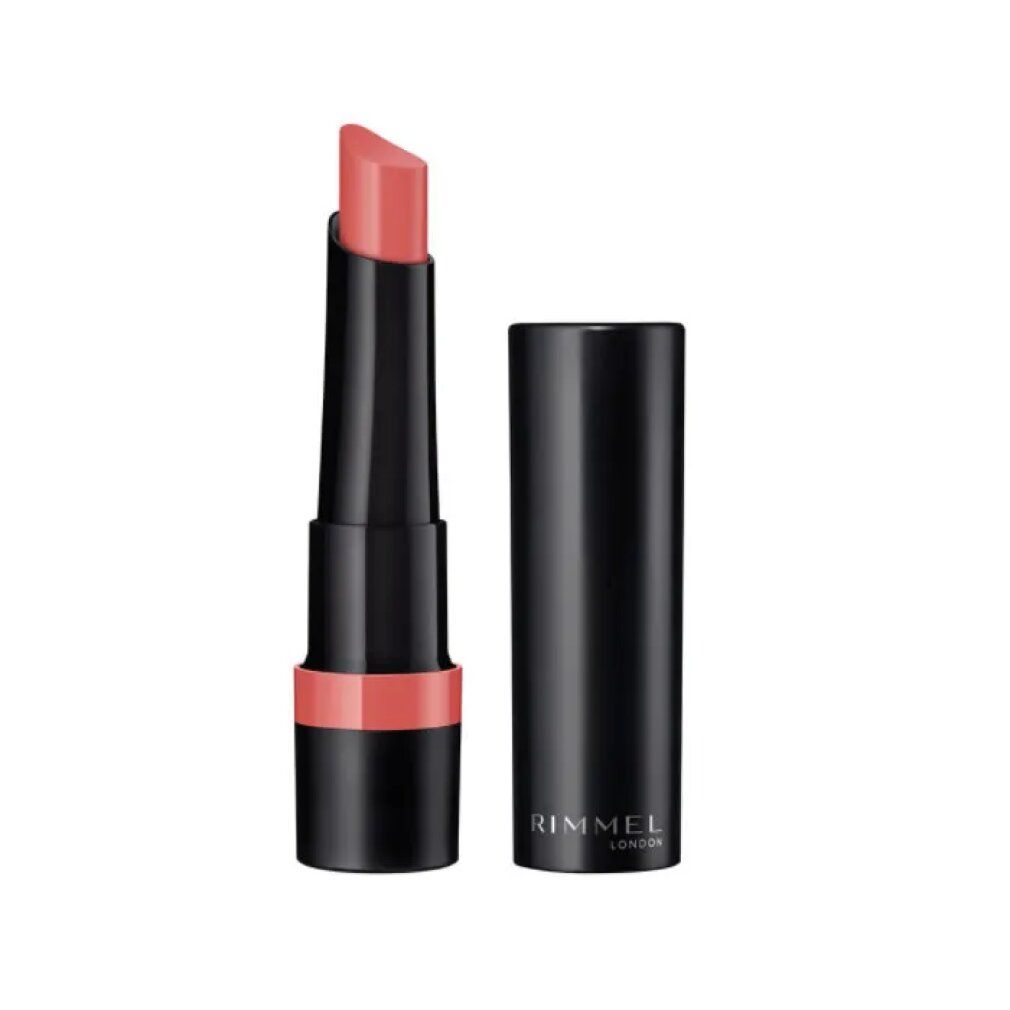 Lippenstift mit schwarzem Gehäuse und geöffneter Kappe. Der Lippenstift ist rosa. Auf dem Gehäuse steht Rimmel London.