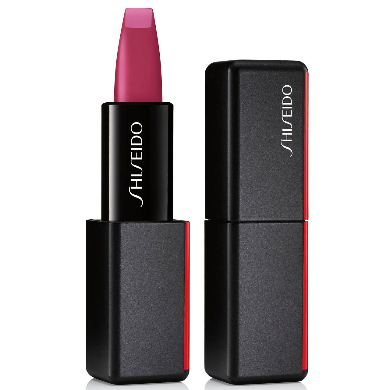 Lippenstift in Schwarz mit roter Akzentlinie. Geöffneter Lippenstift mit pinker Spitze. Marke: Shiseido.