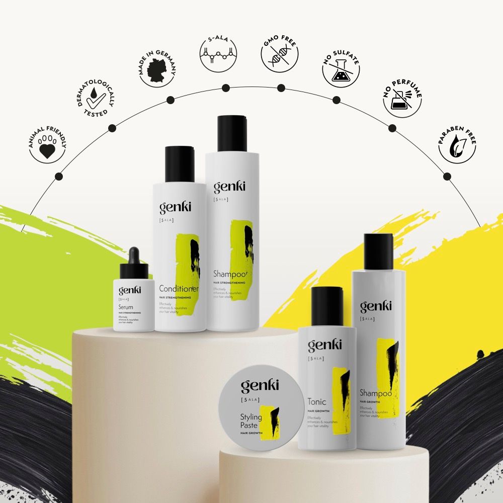 Genki Produkte: Shampoo, Conditioner, Tonic, Serum und Styling Paste. Verschiedene Behälter.