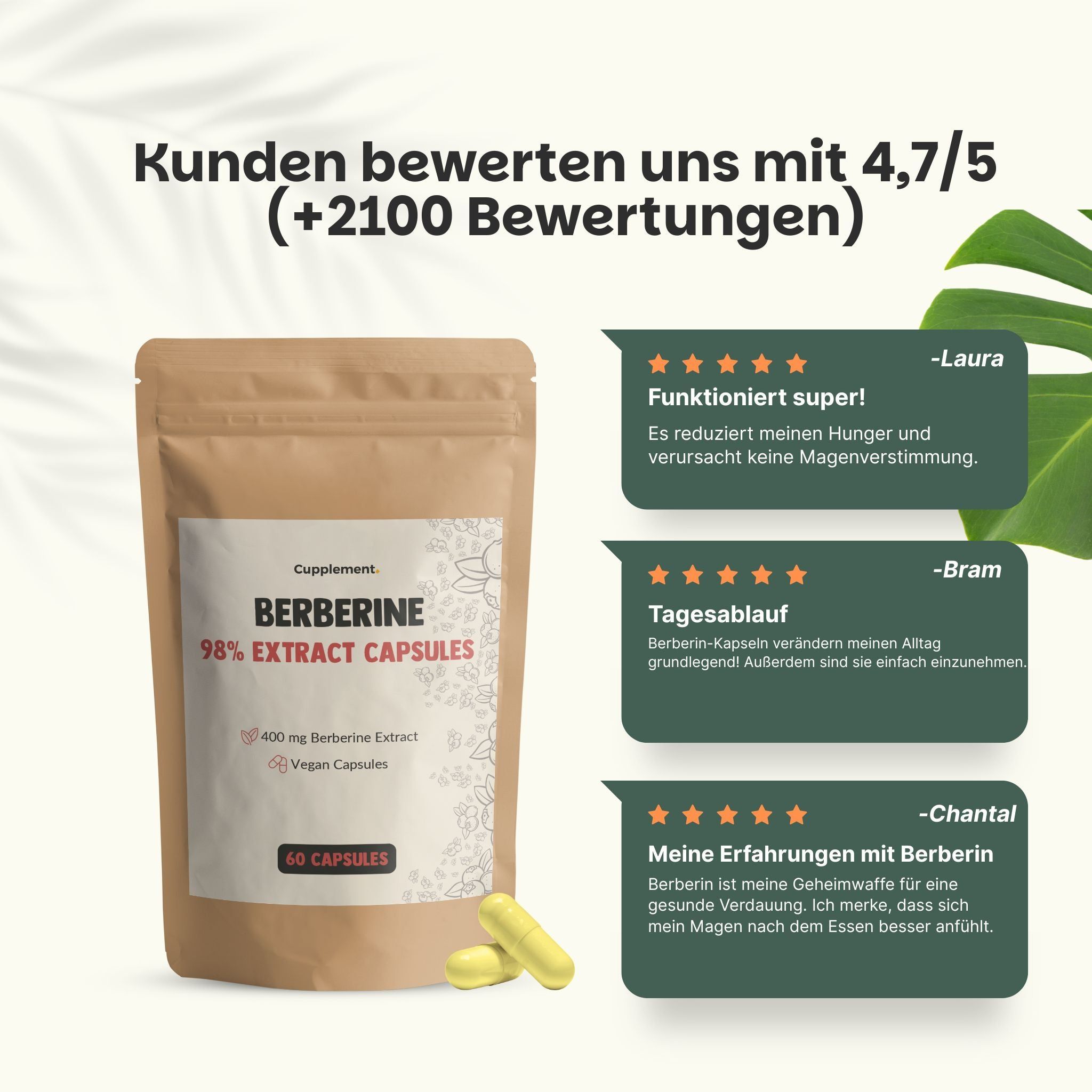 Beutel mit Berberin-Kapseln. Text: Kunden bewerten uns mit 4,7/5. Zitate von Kunden. Gelbe Kapseln liegen daneben.