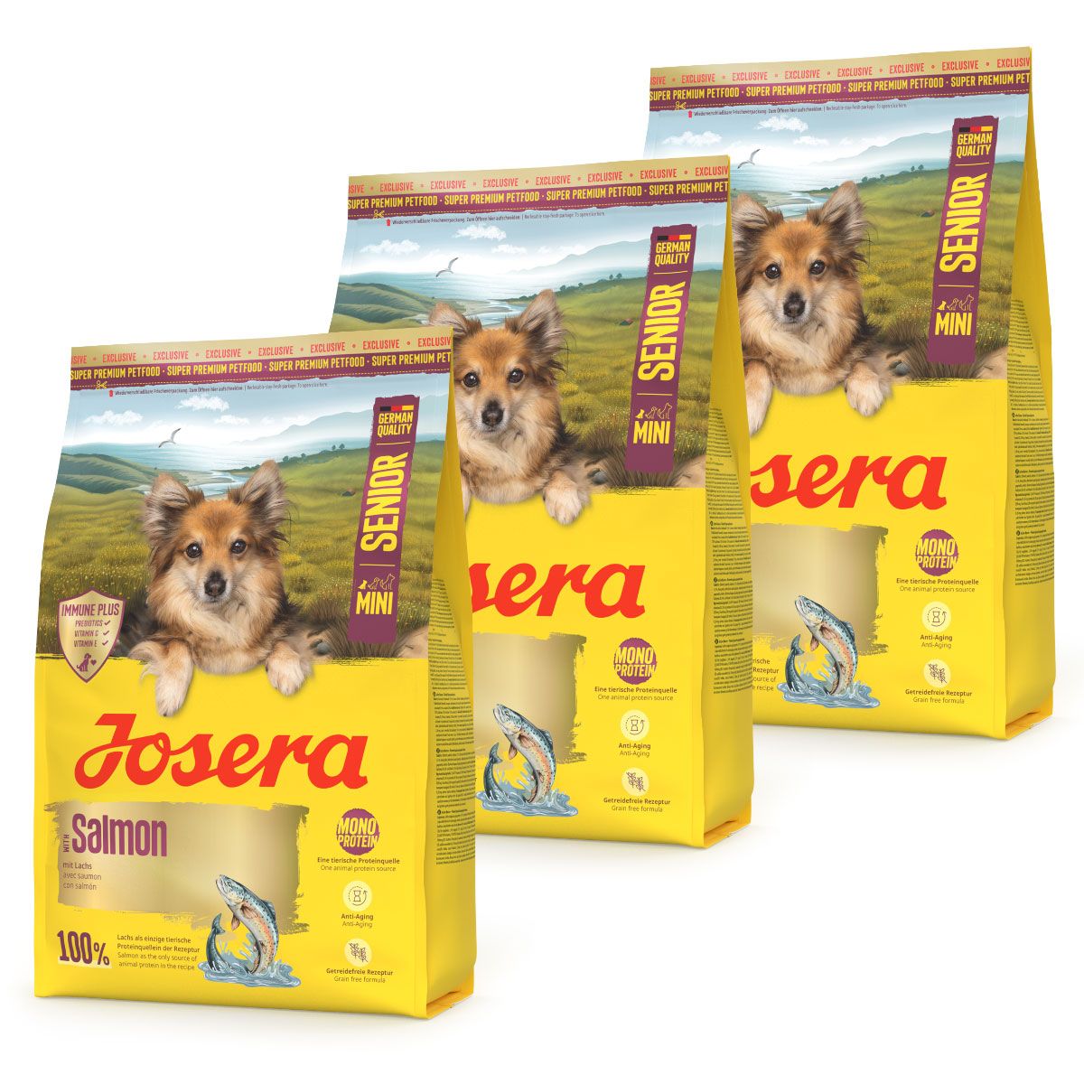 Drei Josera Mini Senior Lachs 3kg Hundefutter-Säcke mit Hundemotiv und Lachs-Illustration.